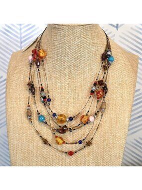 Calypso Studios Handmade Colorful  Art Glass Beaded Multi-strand Necklace New